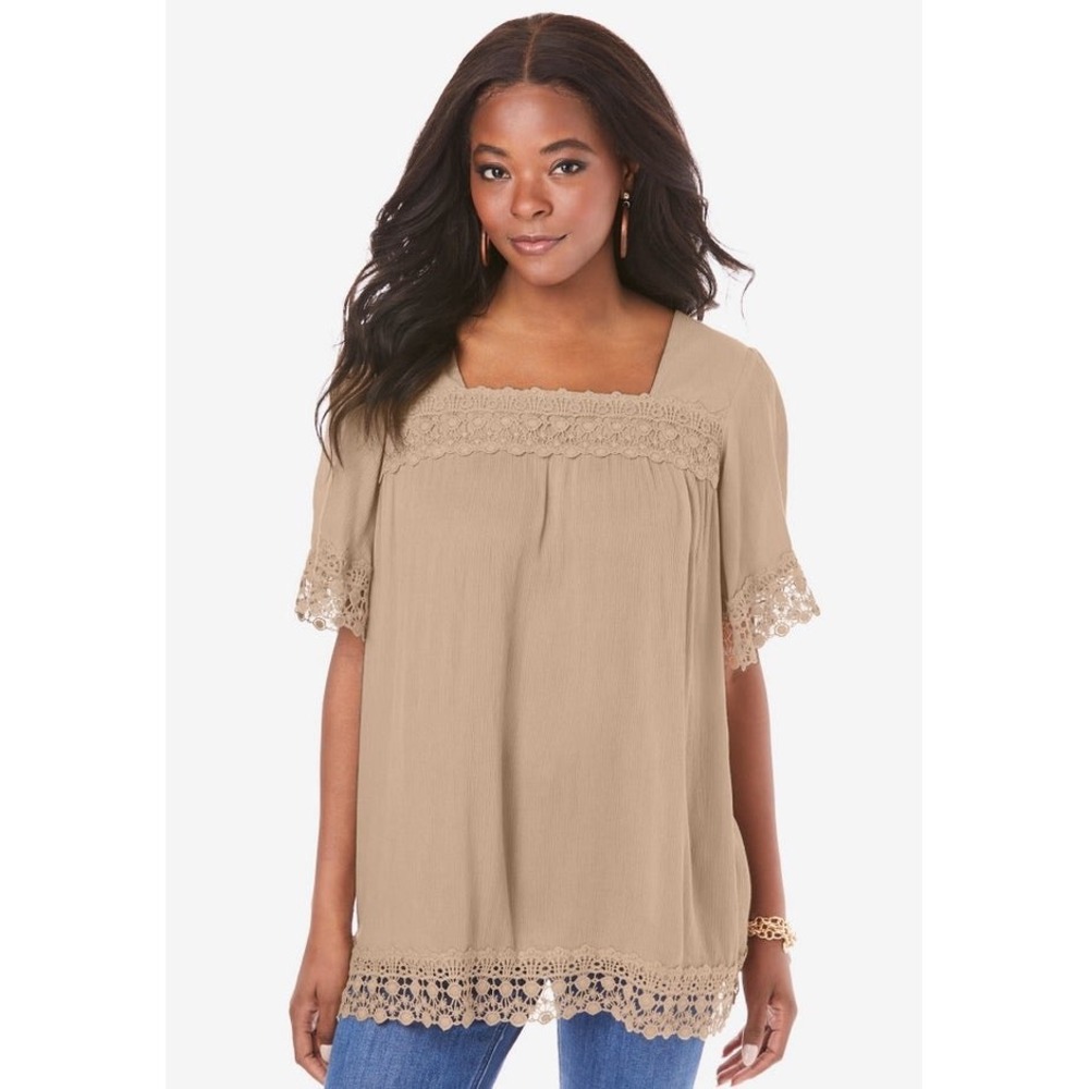 Roamans Embroidered Lace Crinkle Top 24W Crochet Square Neck Short Sleeve Blouse